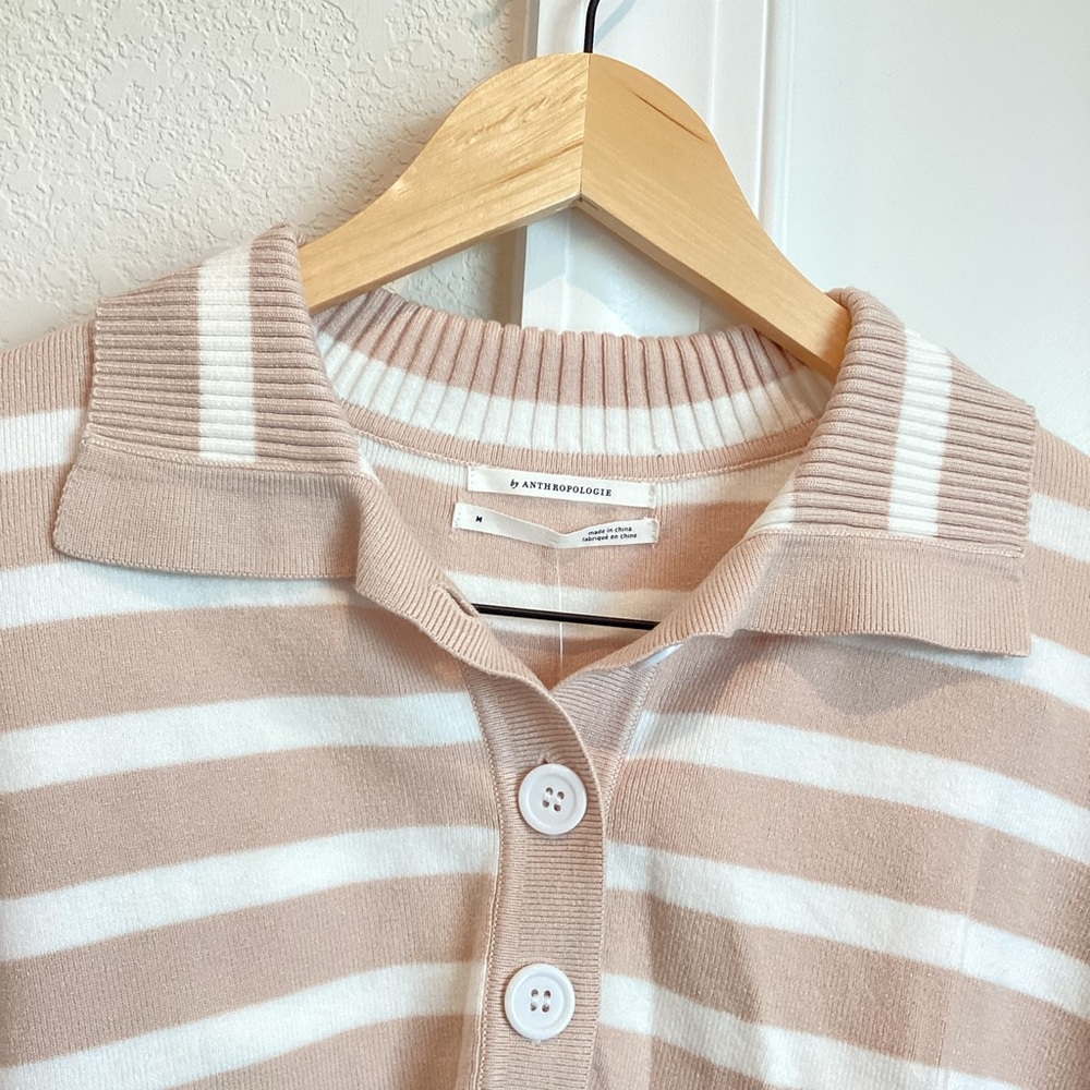 Anthropologie Collared Short Sleeve Sweater Tee Striped Tan White Medium NEW - Picture 6 of 12